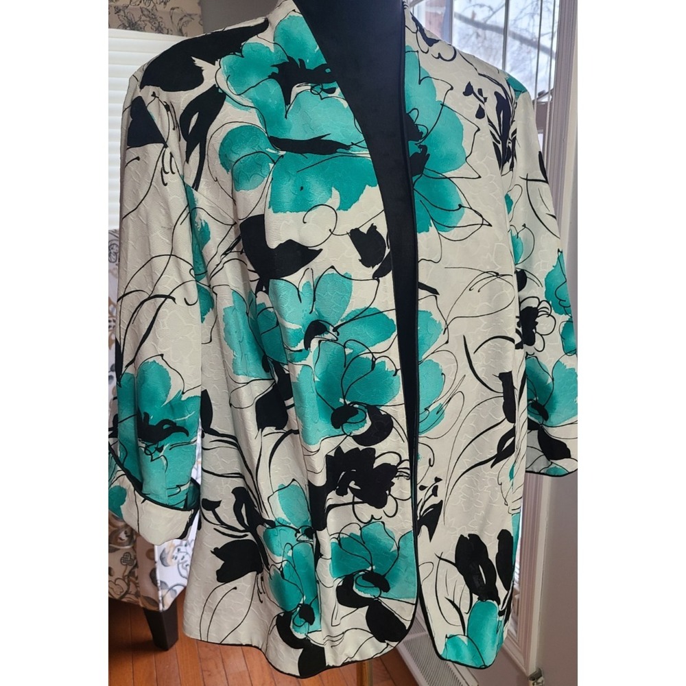 Dressbarn Womens Size 2X Teal White Floral Textured Open Front Blazer Jacket